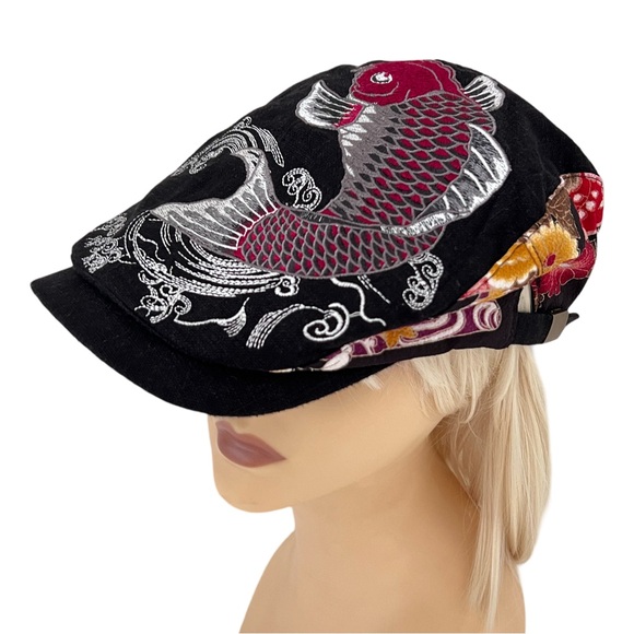 Embroidered Japanese Koi Fish Unisex flat cap Hat black multicolor by Ripple - Picture 1 of 16
